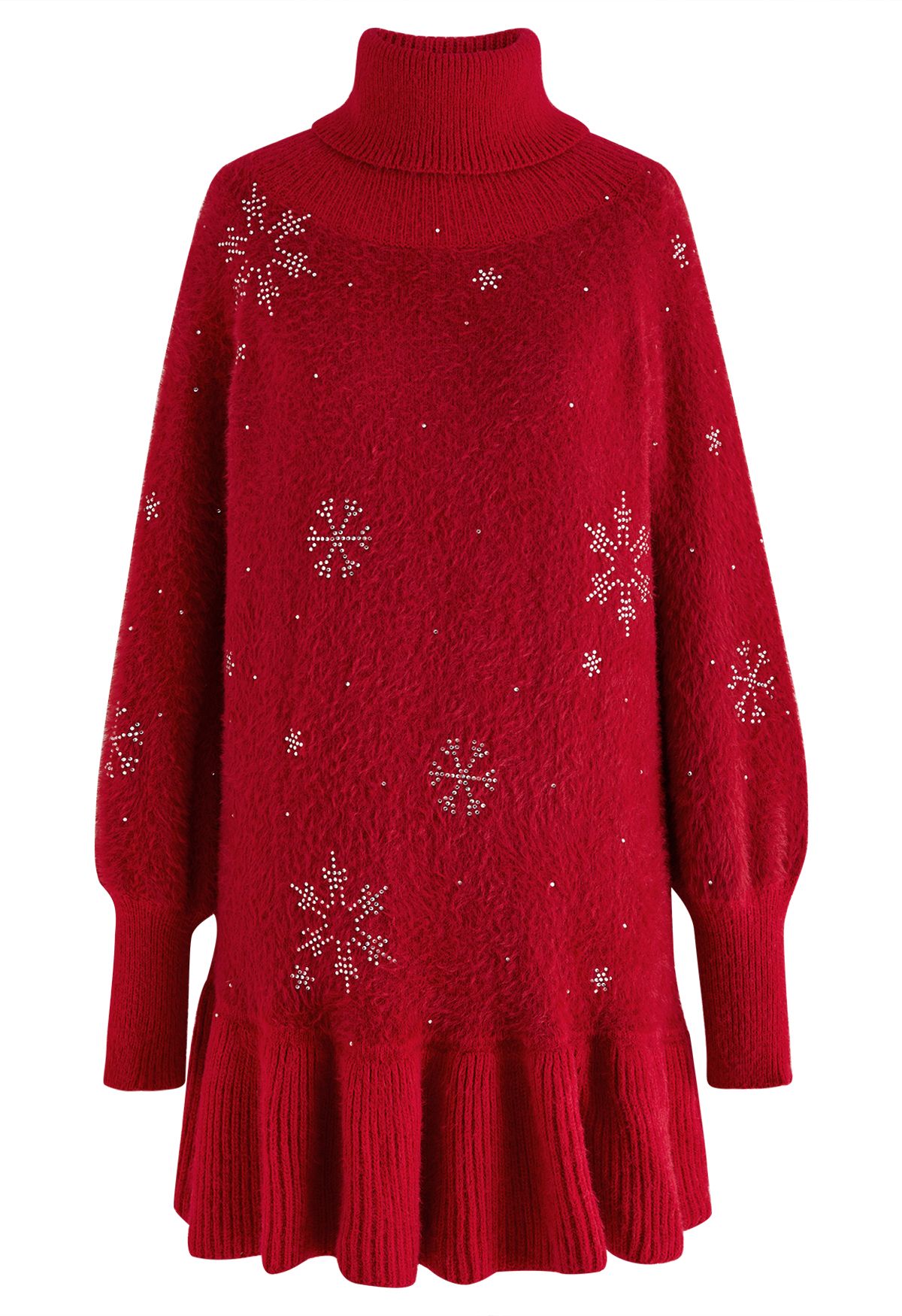 Rhinestone Snowflake Turtleneck Fuzzy Knit Dress in Red