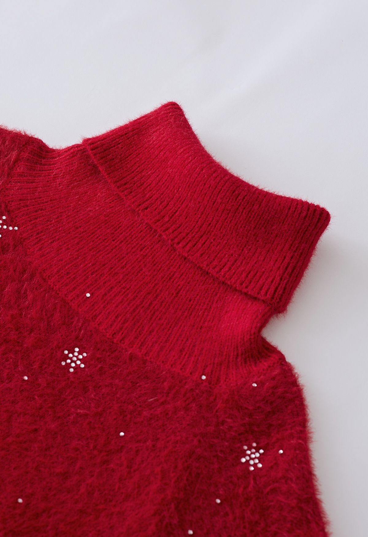 Rhinestone Snowflake Turtleneck Fuzzy Knit Dress in Red