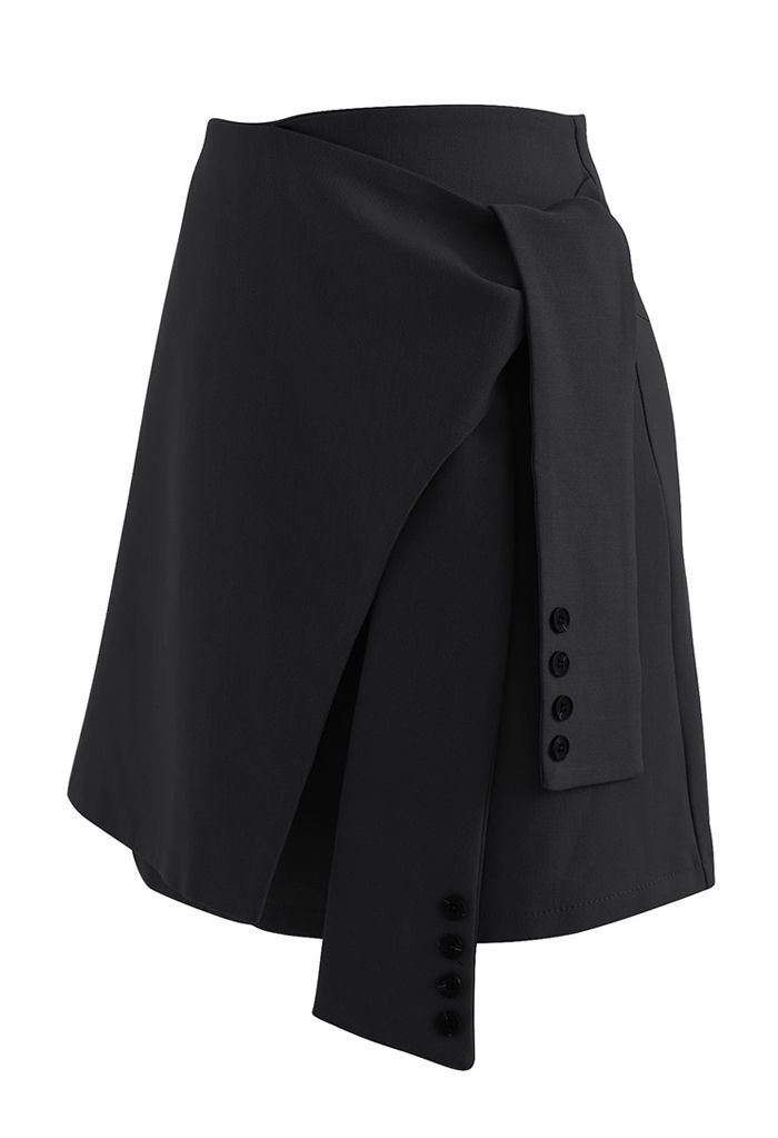 Tie Waist Flap Front Mini Skirt in Black
