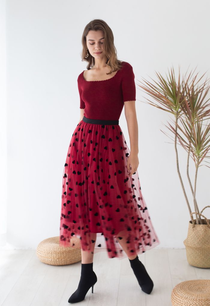 3D Heart Double-Layered Mesh Maxi Skirt in Red