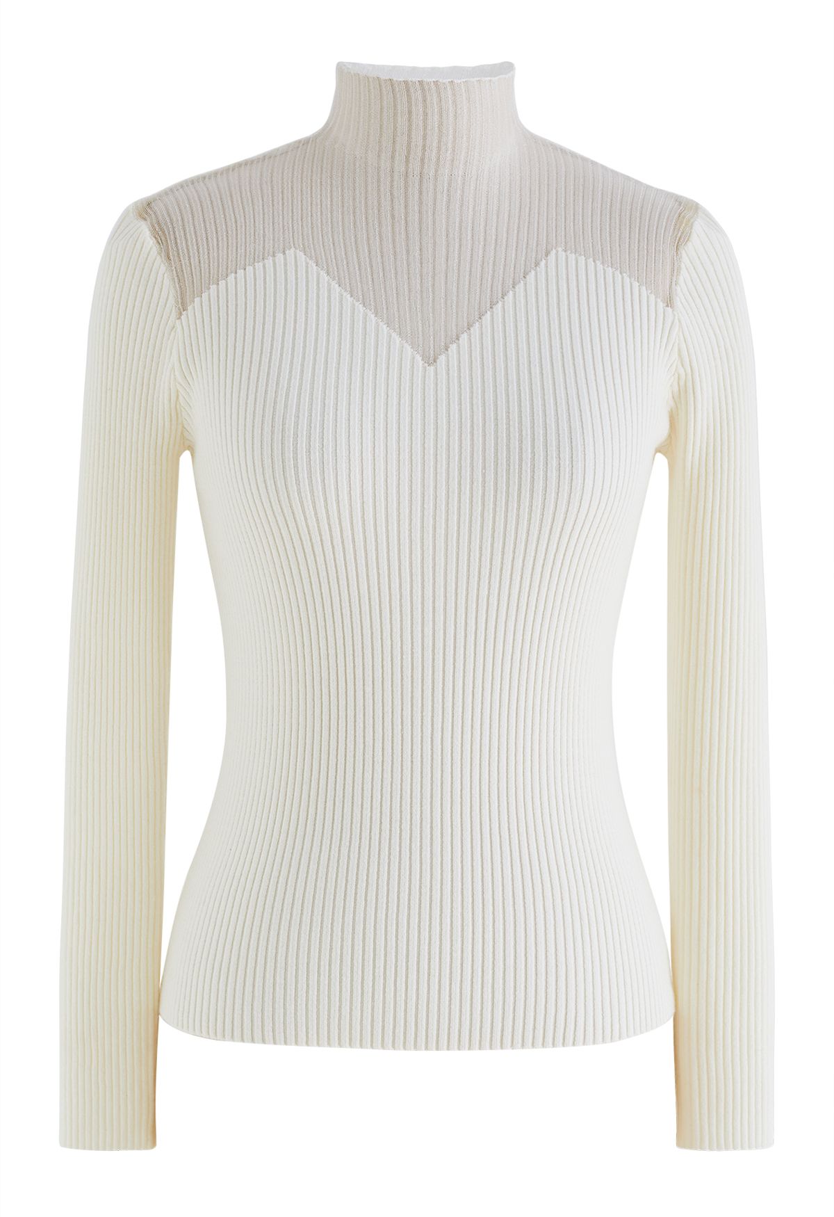 Mock Neck Zigzag Mesh Splicing Knit Top in Ivory