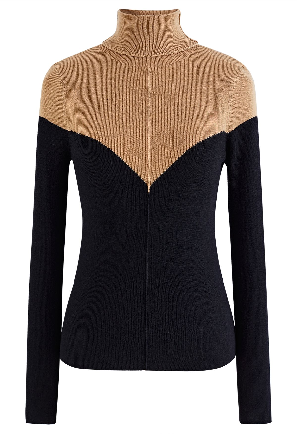 Turtleneck Two-Tone Fitted Knit Top in Black