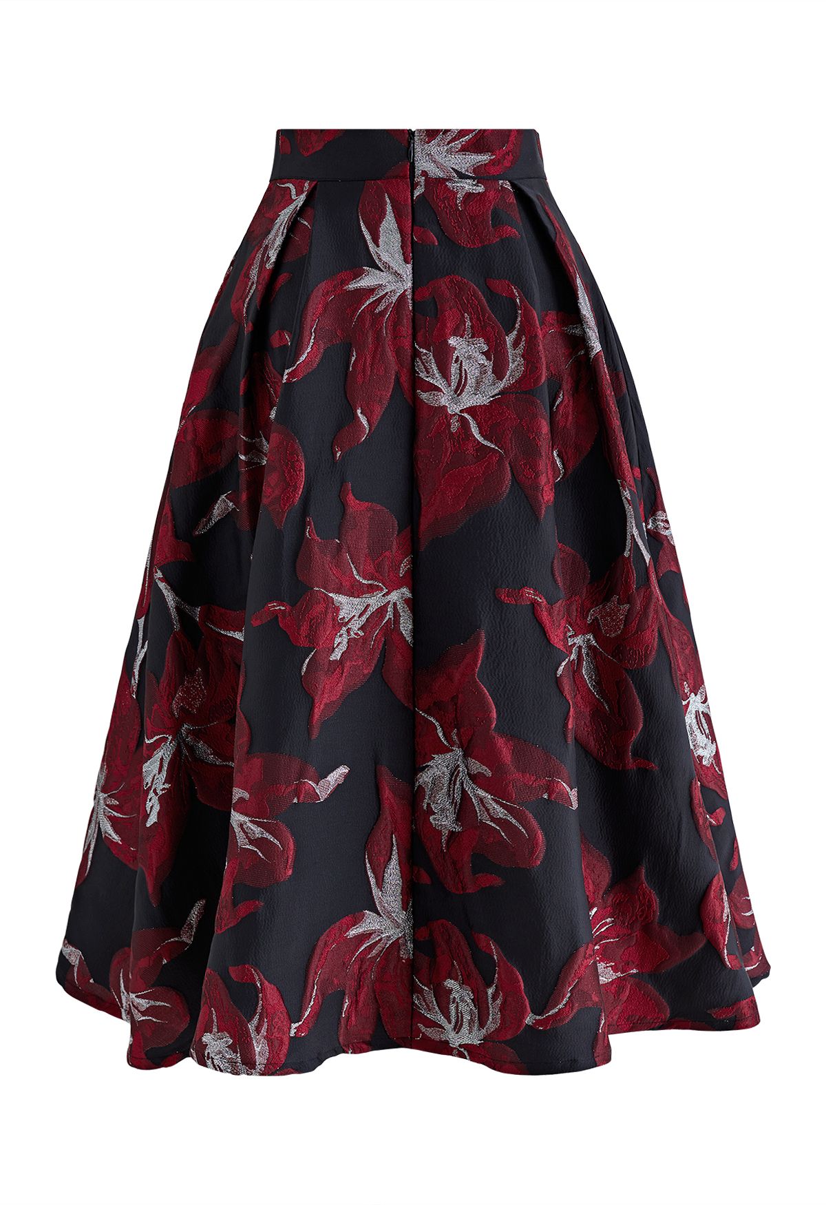 Lily Blossom Metallic Jacquard Midi Skirt in Red