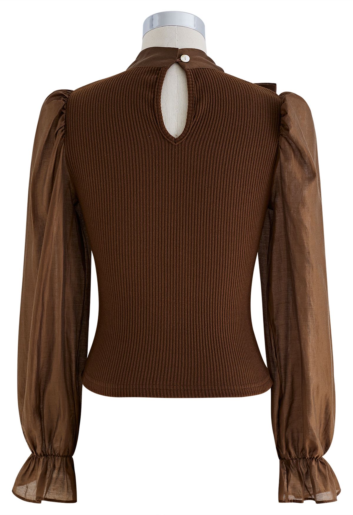 Detachable Bowknot Spliced Knit Top in Brown