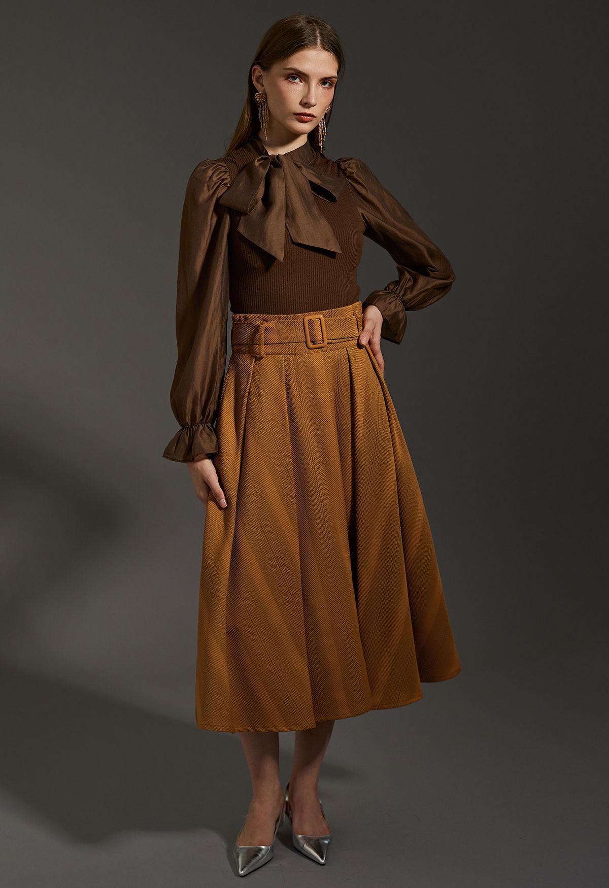 Detachable Bowknot Spliced Knit Top in Brown