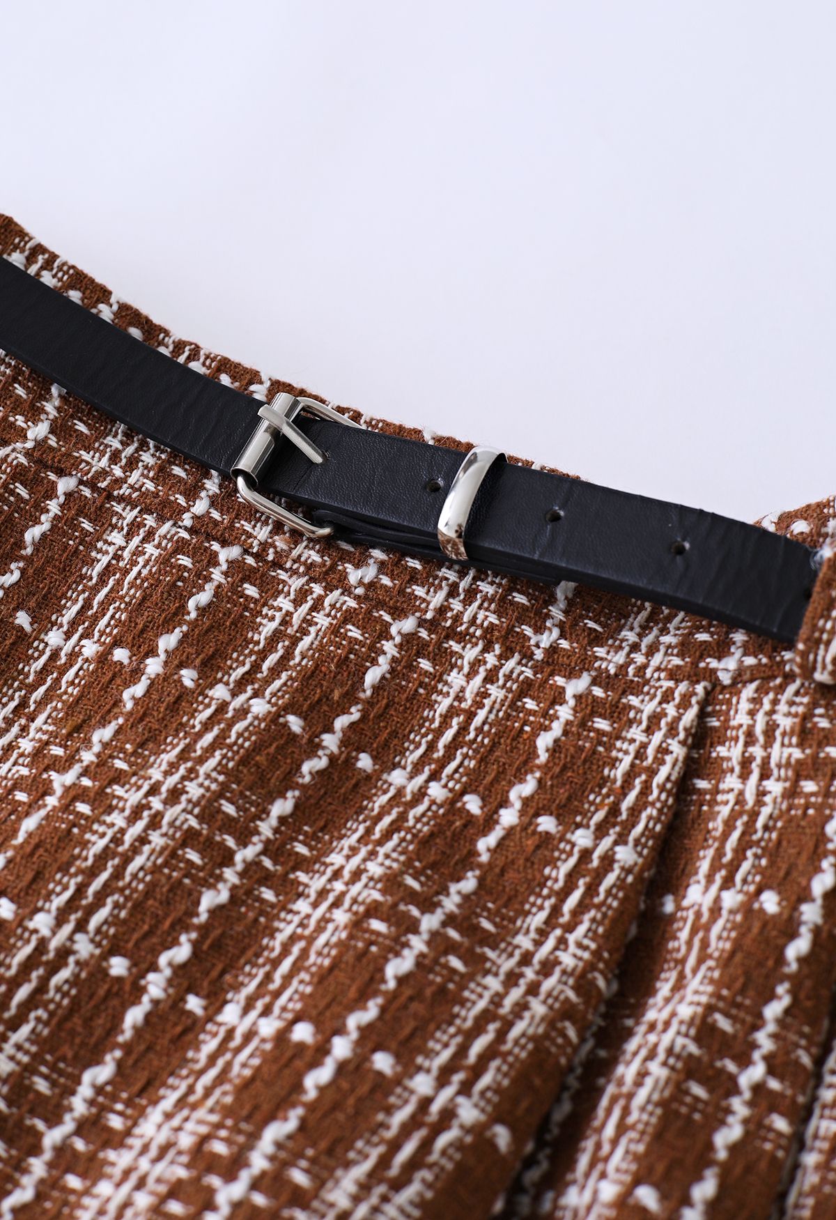 Grid Belted Flare Tweed Midi Skirt in Rust Red
