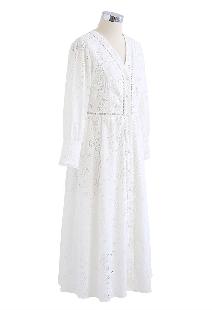 Solid White Embroidery Eyelet Midi Dress