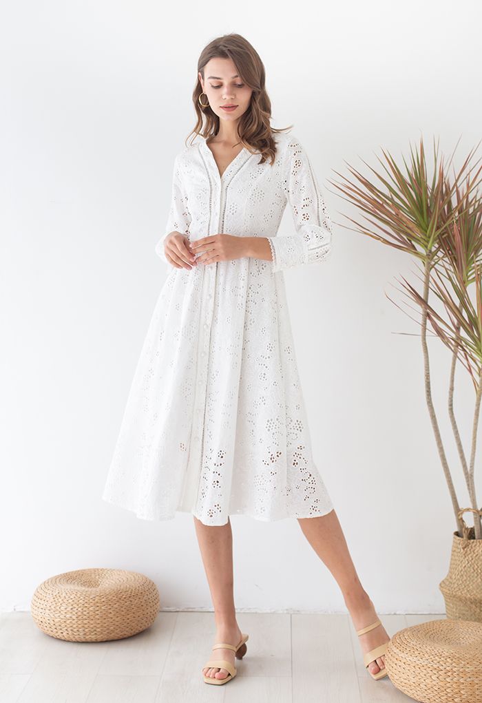 Solid White Embroidery Eyelet Midi Dress