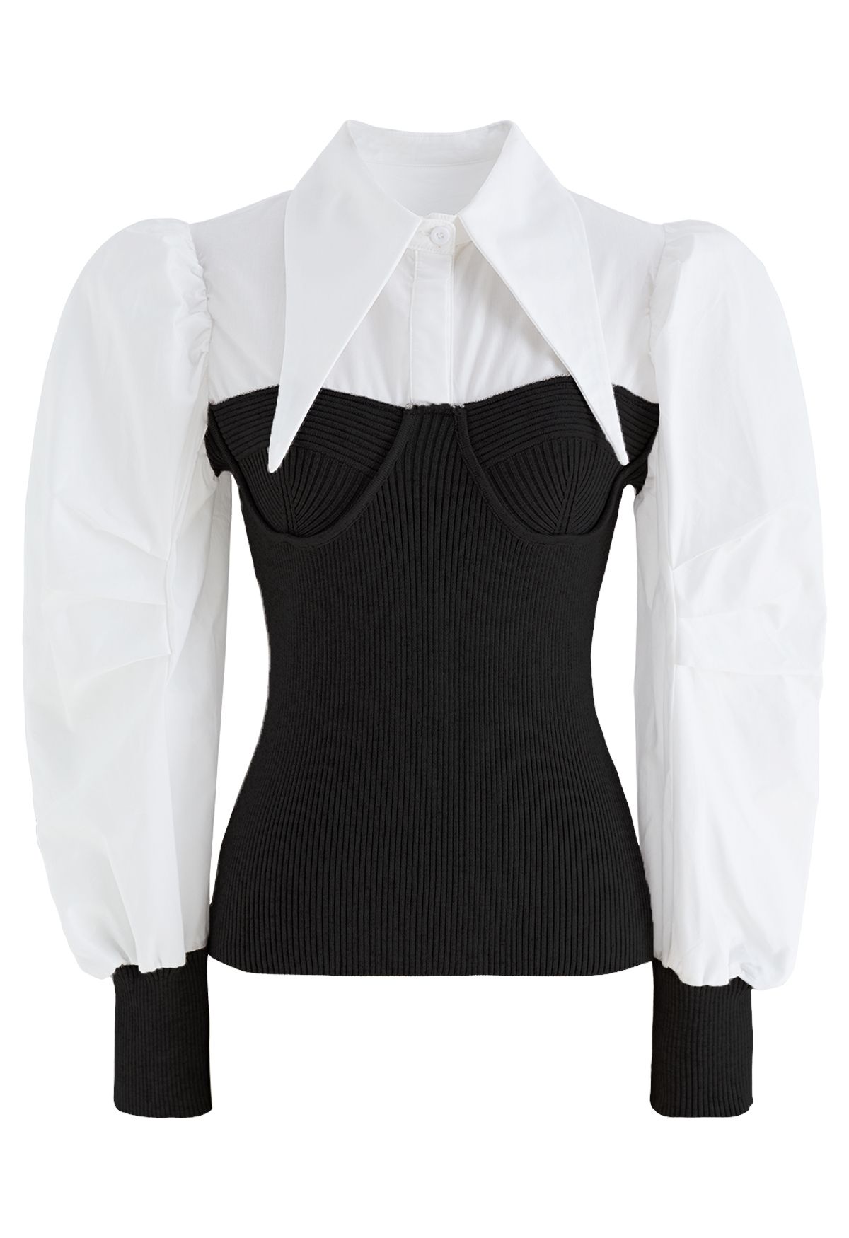 Pointed Collar Puff Sleeve Spliced Top in Black