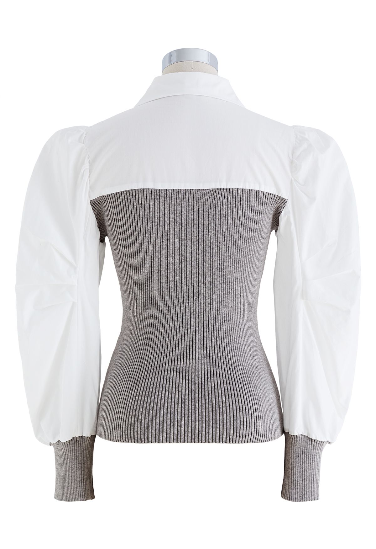 Pointed Collar Puff Sleeve Spliced Top in Grey
