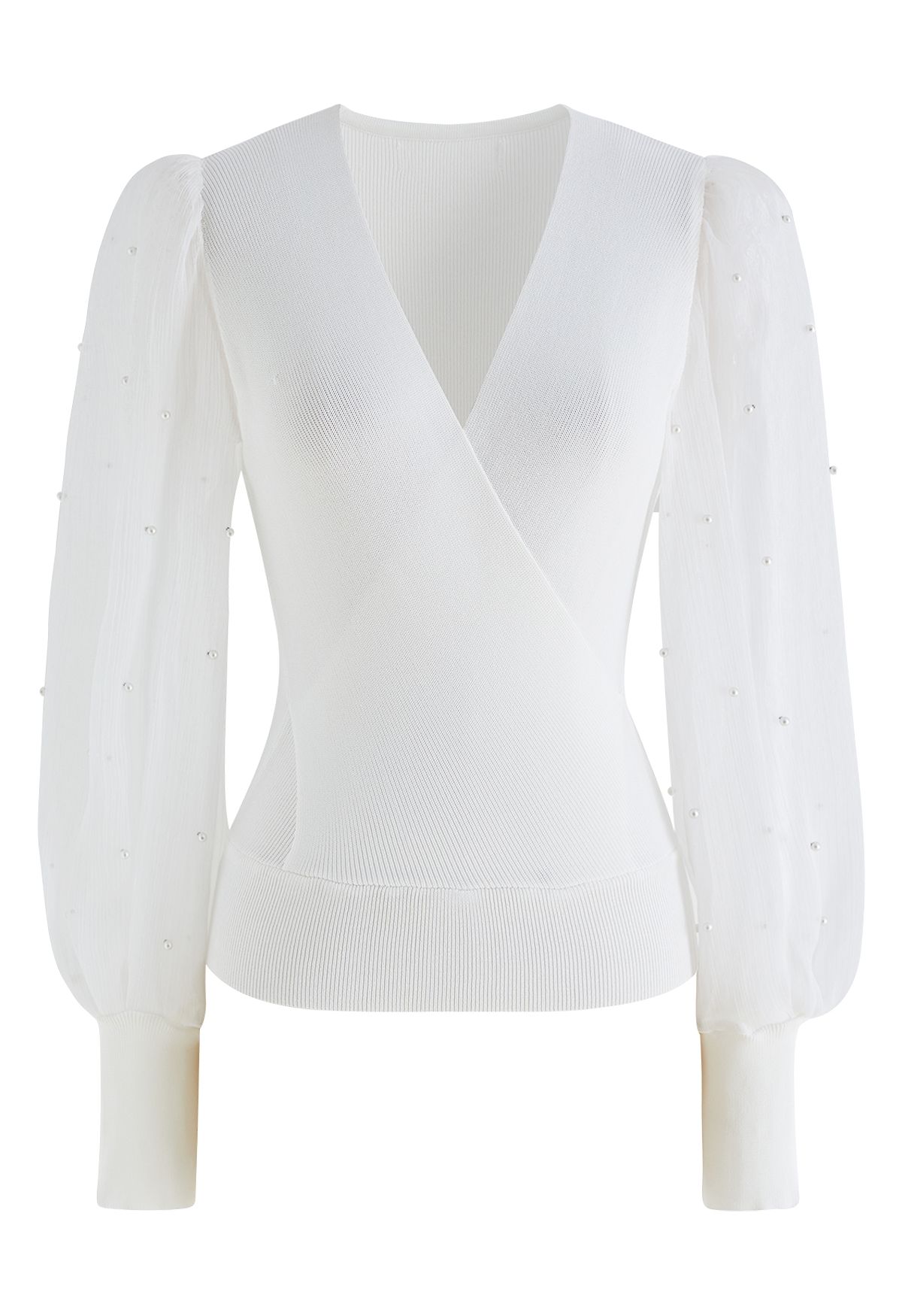 Pearl Puff Sleeve Spliced Faux-Wrap Top in White