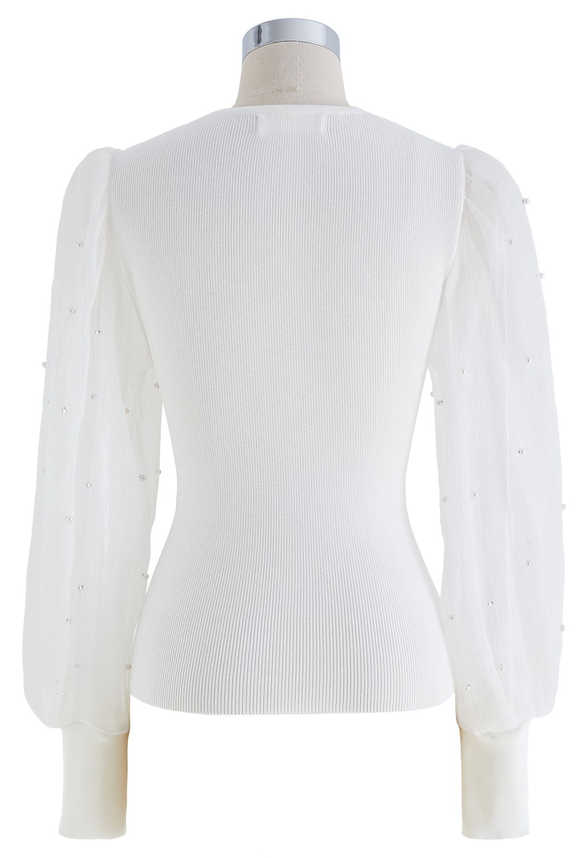 Pearl Puff Sleeve Spliced Faux-Wrap Top in White