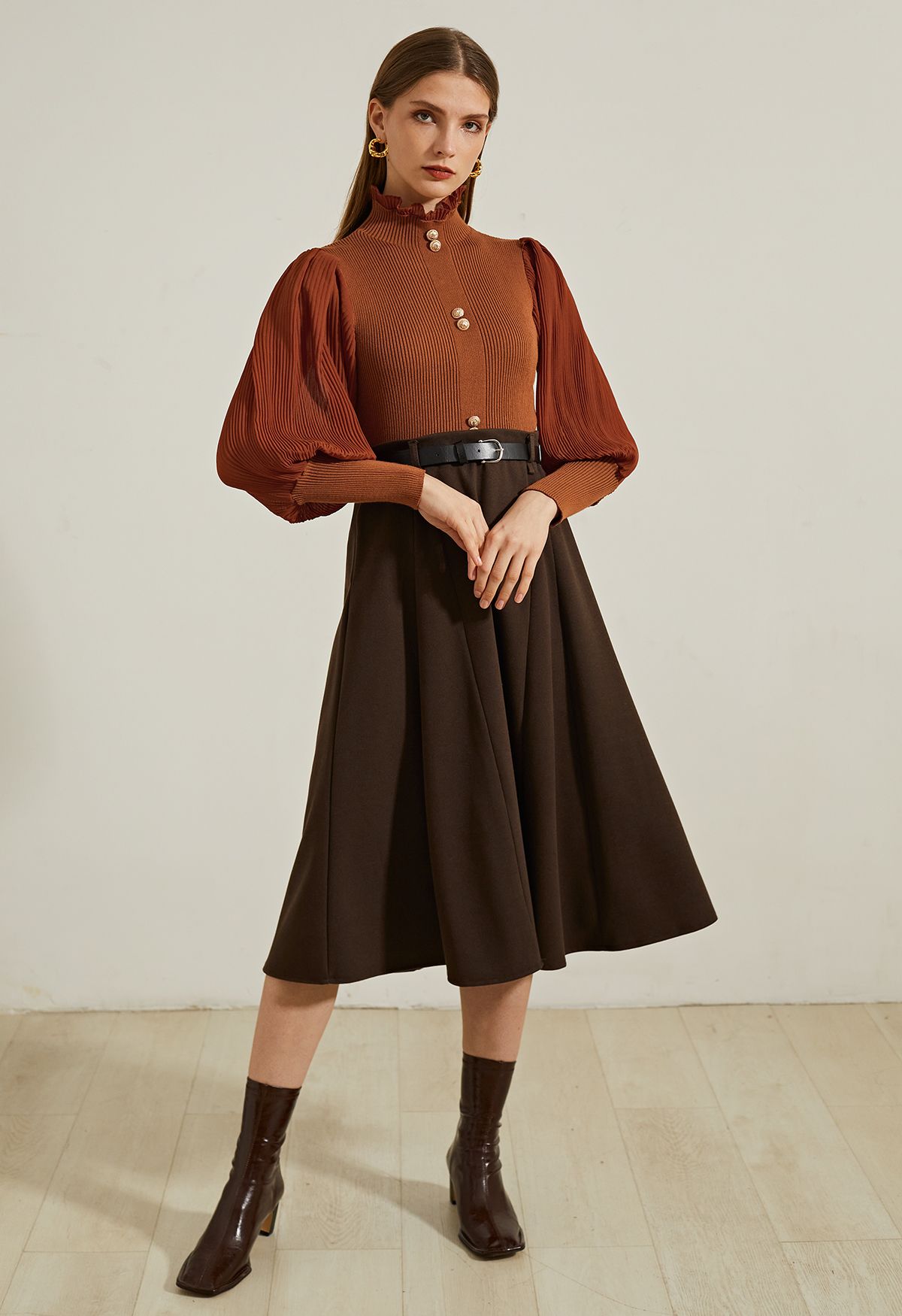 Solid Color Belted Flare Midi Skirt in Brown