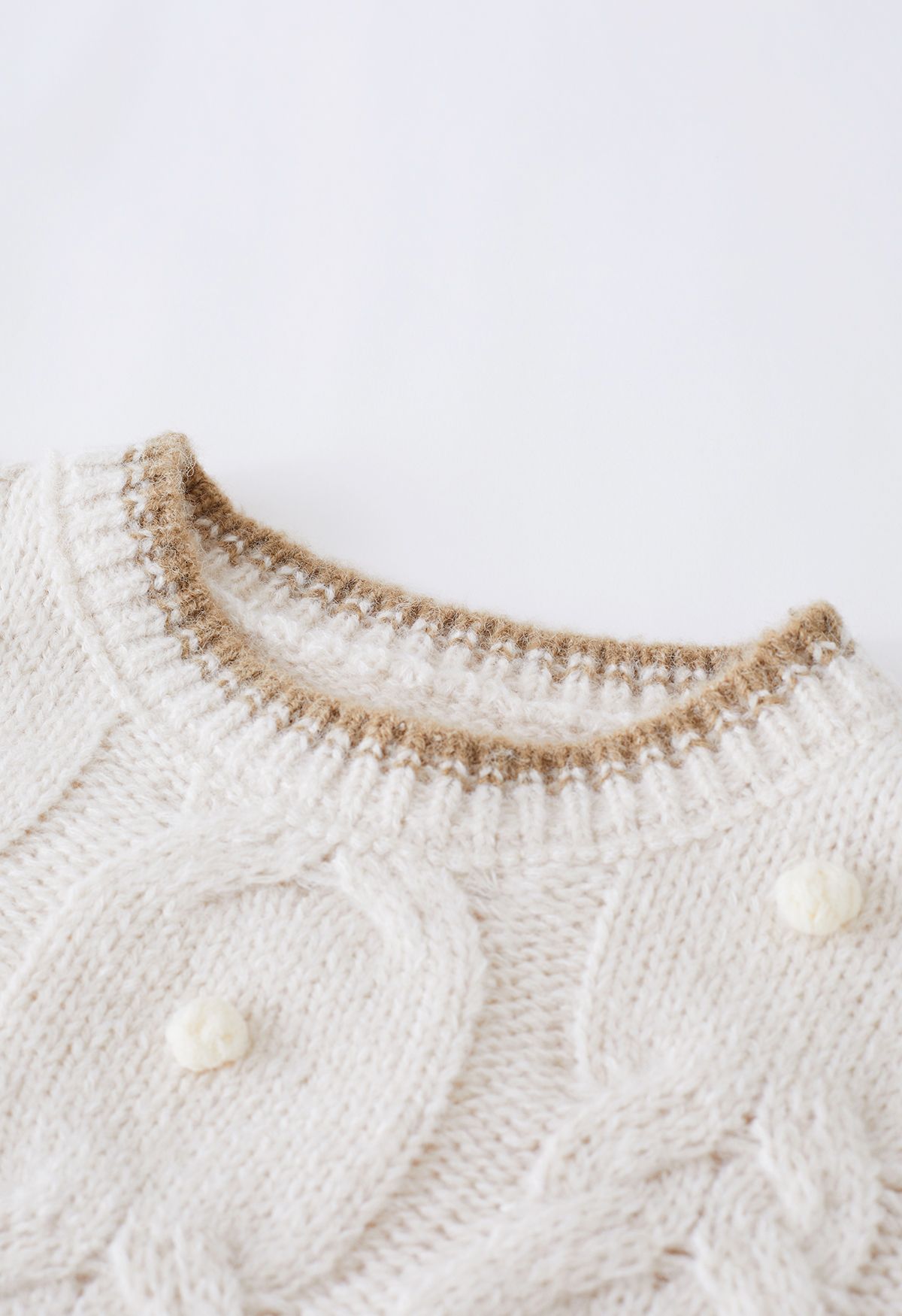 Contrast Edge Pom-Pom Cable Knit Sweater in Ivory