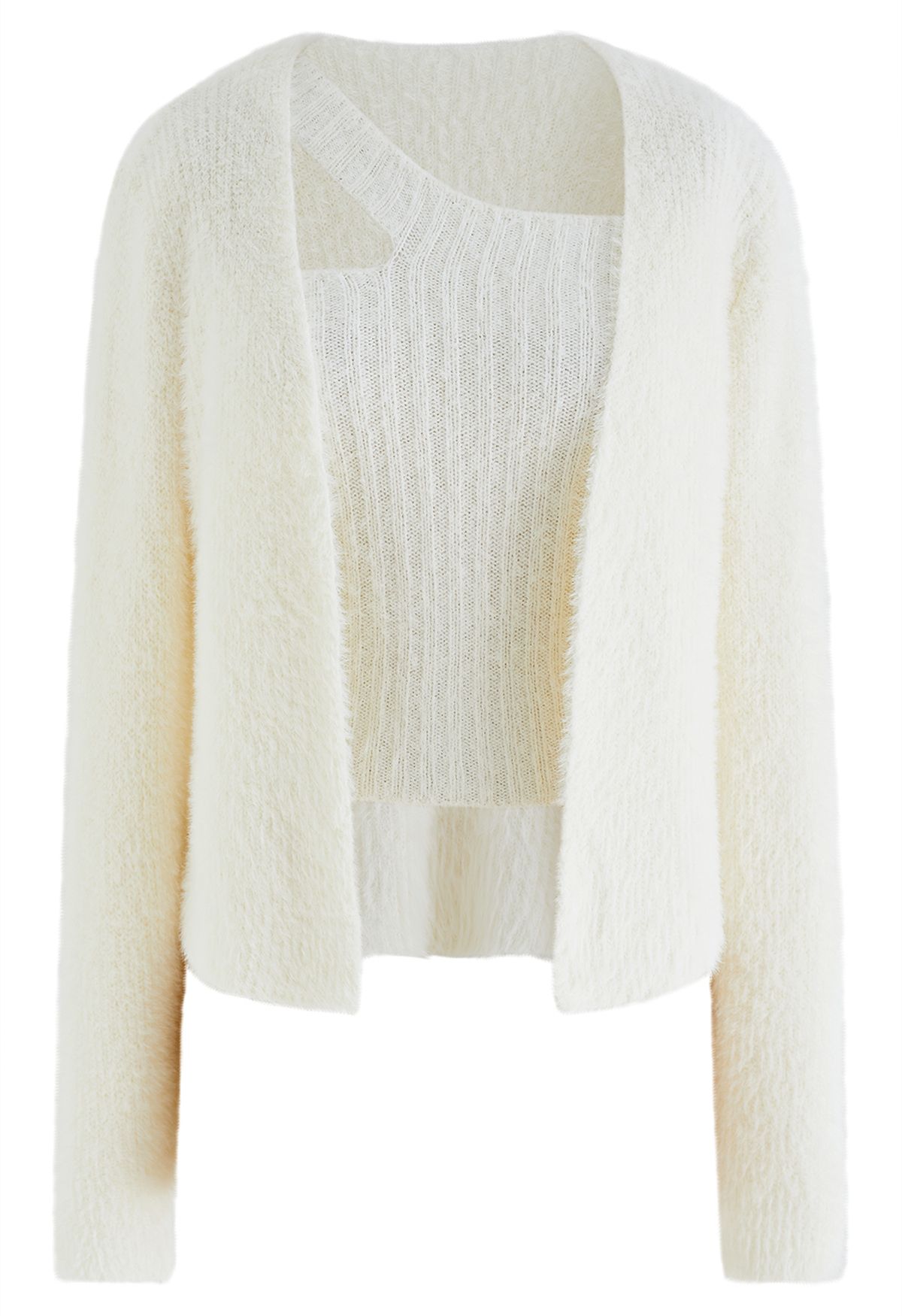 One-Shoulder Fuzzy Knit Top and Cardigan Set in Ivory