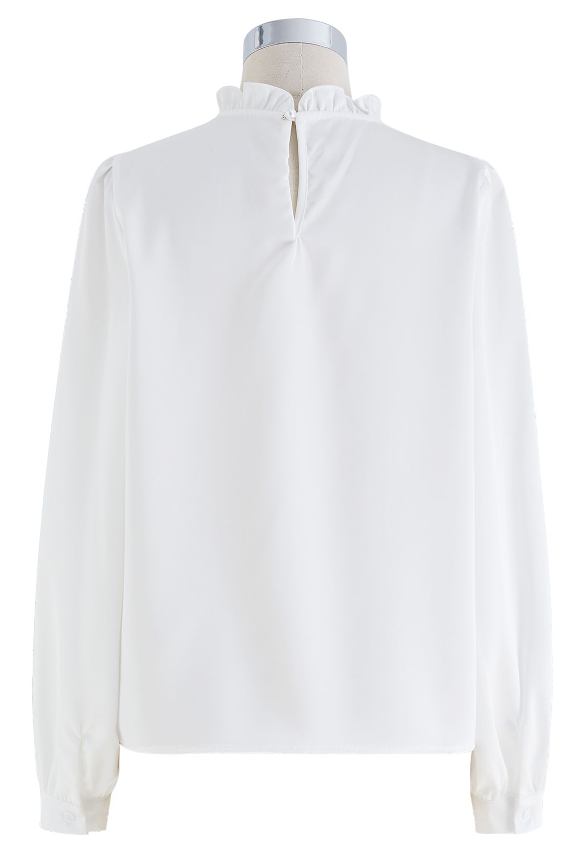 Ruffled Neckline Pearl Embellished Satin Shirt in White