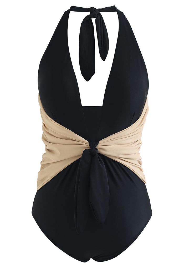 Two-Tone Self-Tie Bowknot Halter Swimsuit in Black