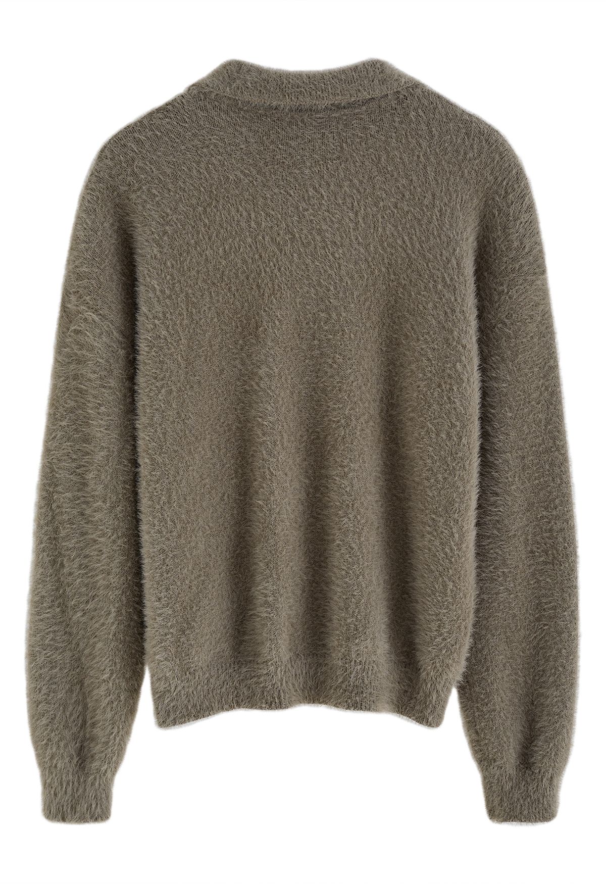 Collar V-Neck Fuzzy Knit Sweater in Taupe
