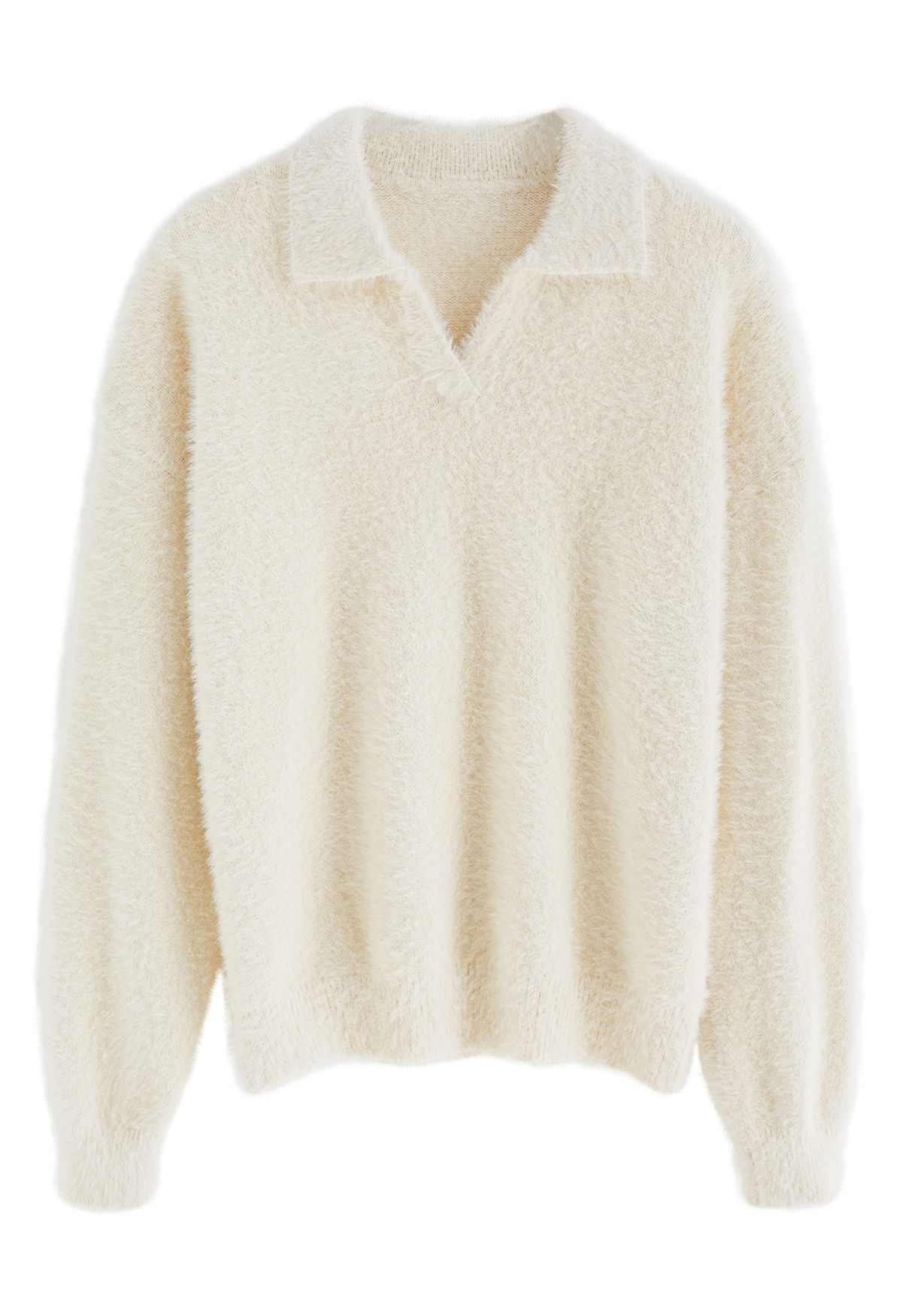 Collar V-Neck Fuzzy Knit Sweater in Cream