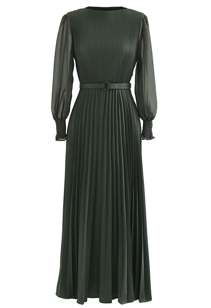 Full Pleated Belted Maxi Dress in Dark Green