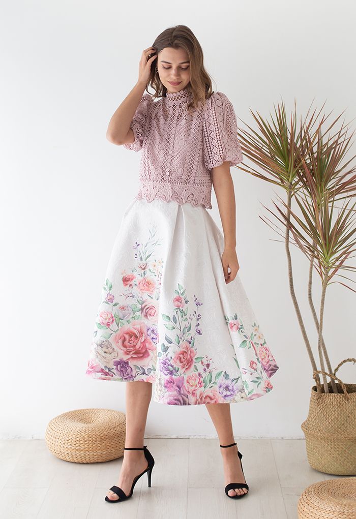 Short-Sleeve Floral Crochet Crop Top in Pink