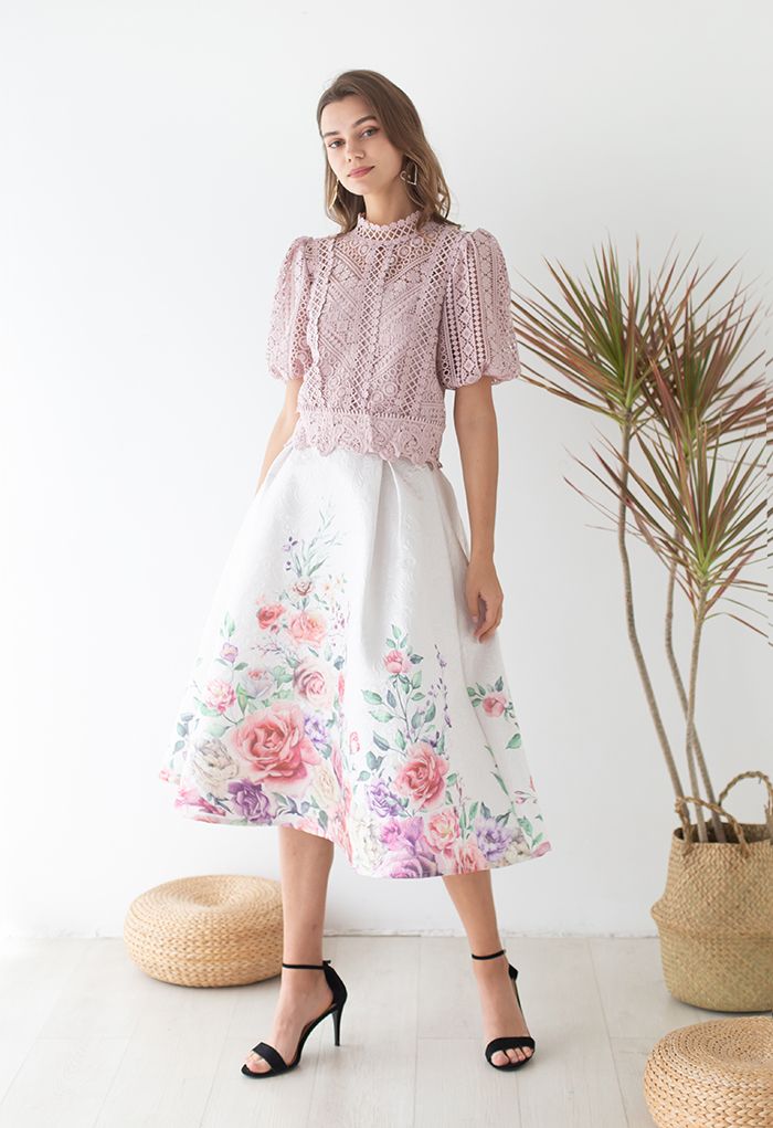 Short-Sleeve Floral Crochet Crop Top in Pink