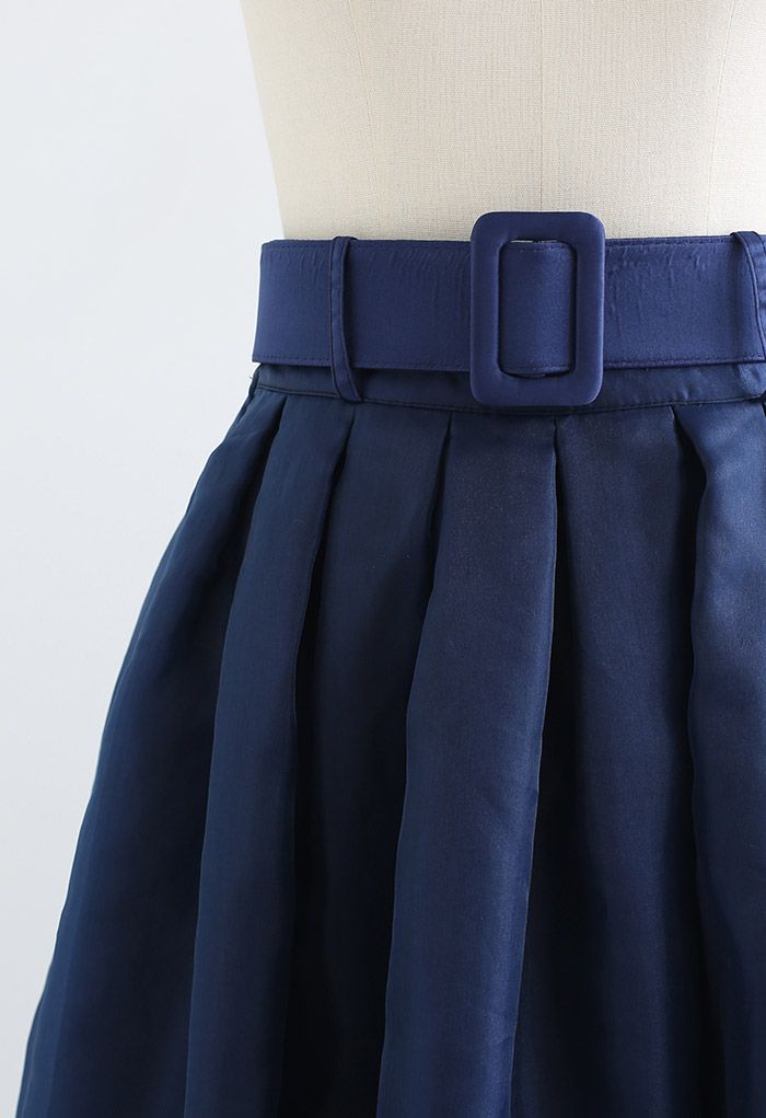 Soft Organza Pleated Midi Skirt in Navy