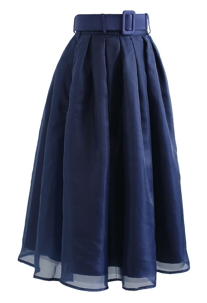 Soft Organza Pleated Midi Skirt in Navy