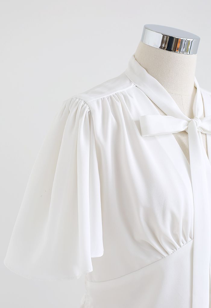 Butterfly Sleeve Bow-Neck Crop Top in White