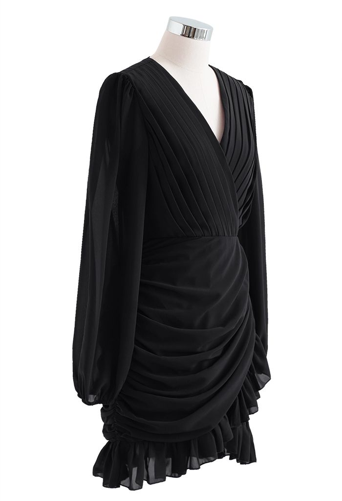 V-Neck Ruffle Hem Chiffon Mini Dress in Black
