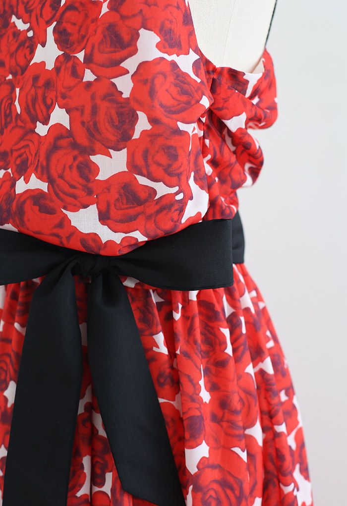 Enchanting Red Rose Bowknot Ruched Cami Dress
