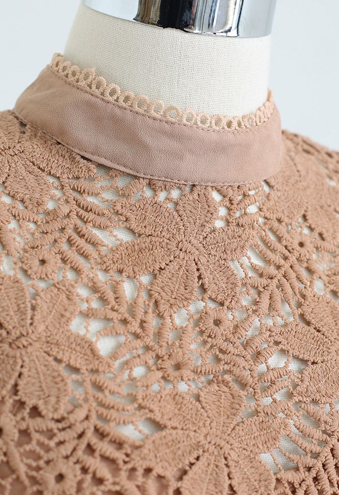 3D Crochet Flowers Mesh Dolly Top in Tan