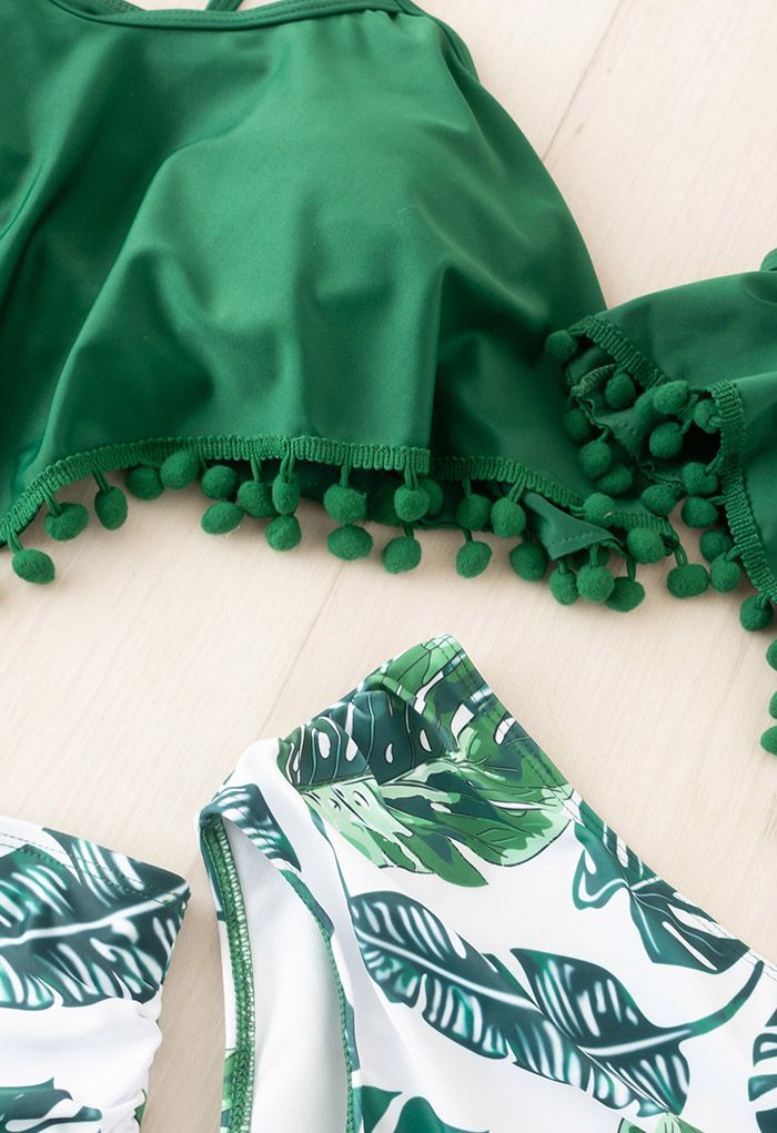 Leaf Print Cute Ball Trims Bikini Set for Mommy & Kids