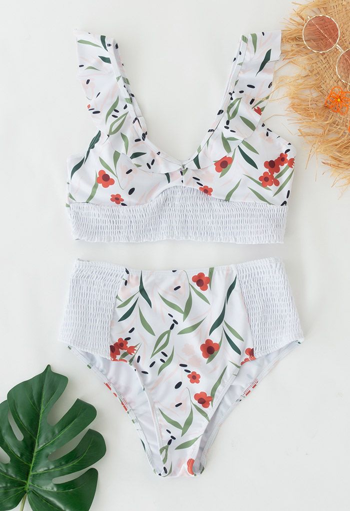 Orange Flower Ruffle Shirred Bikini Set for Mommy & Kids