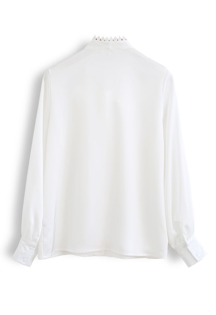 Crochet Edge Bowknot Satin Shirt in White