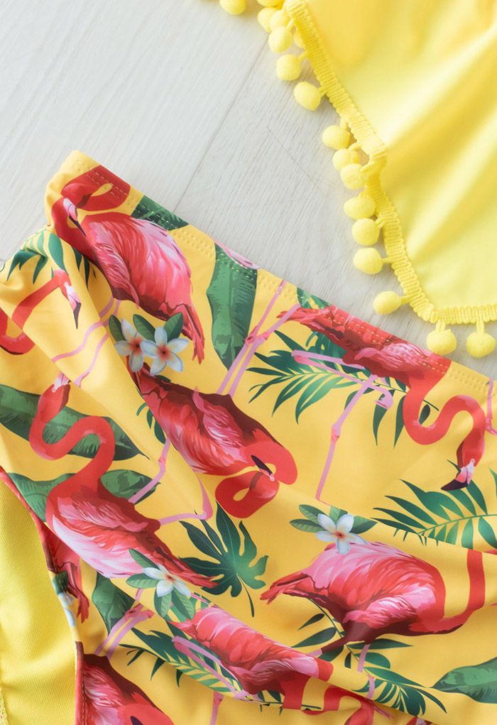 Flamingo Print Cute Ball Trims Bikini Set for Mommy & Kids
