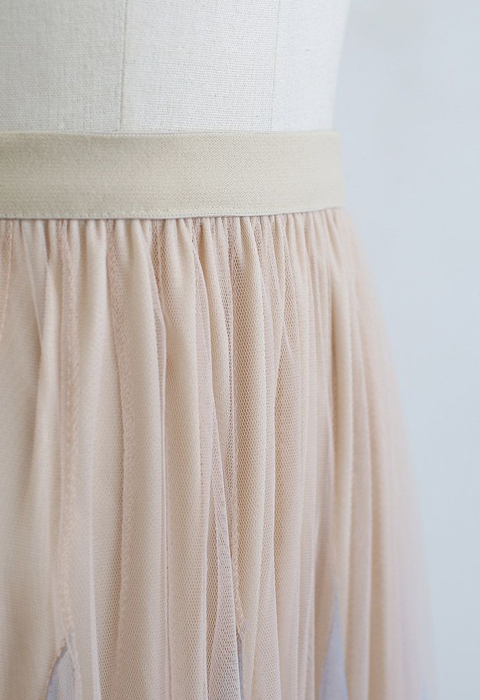 Color Block Panelled Mesh Frilling Maxi Skirt in Apricot