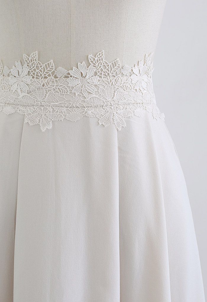 Lacy Waist Pleated Flare Midi Skirt in Ivory