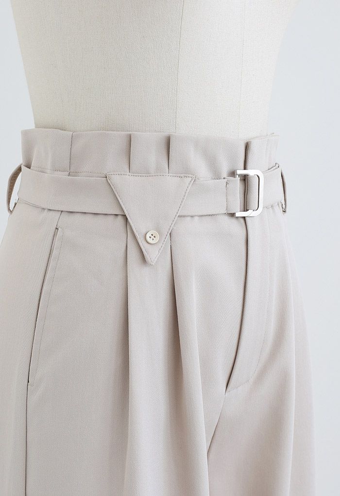 Side Pockets Belted Straight Leg Pants in Ivory