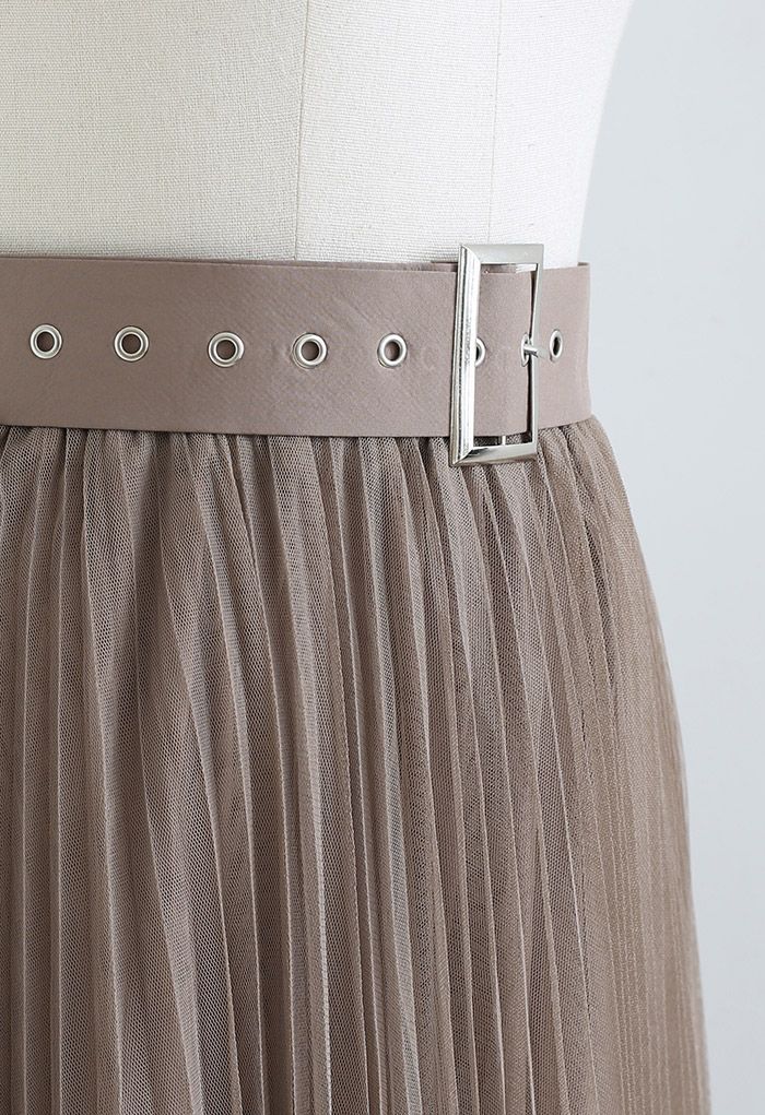 Full Pleated Double-Layered Mesh Midi Skirt in Brown