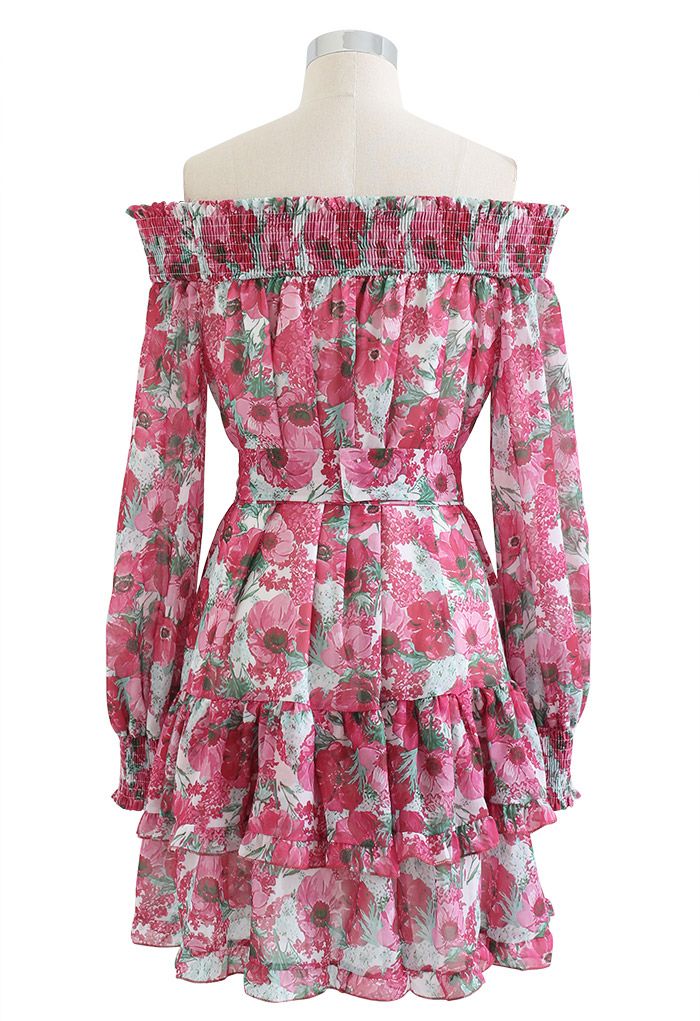 Off-Shoulder Floral Chiffon Mini Dress in Pink
