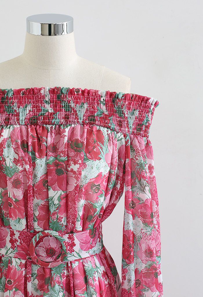 Off-Shoulder Floral Chiffon Mini Dress in Pink
