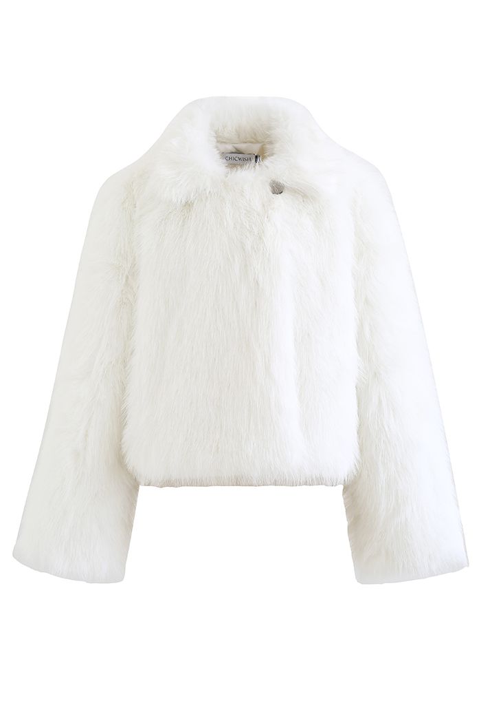Fluffy Faux Fur Collared Crop Coat in White