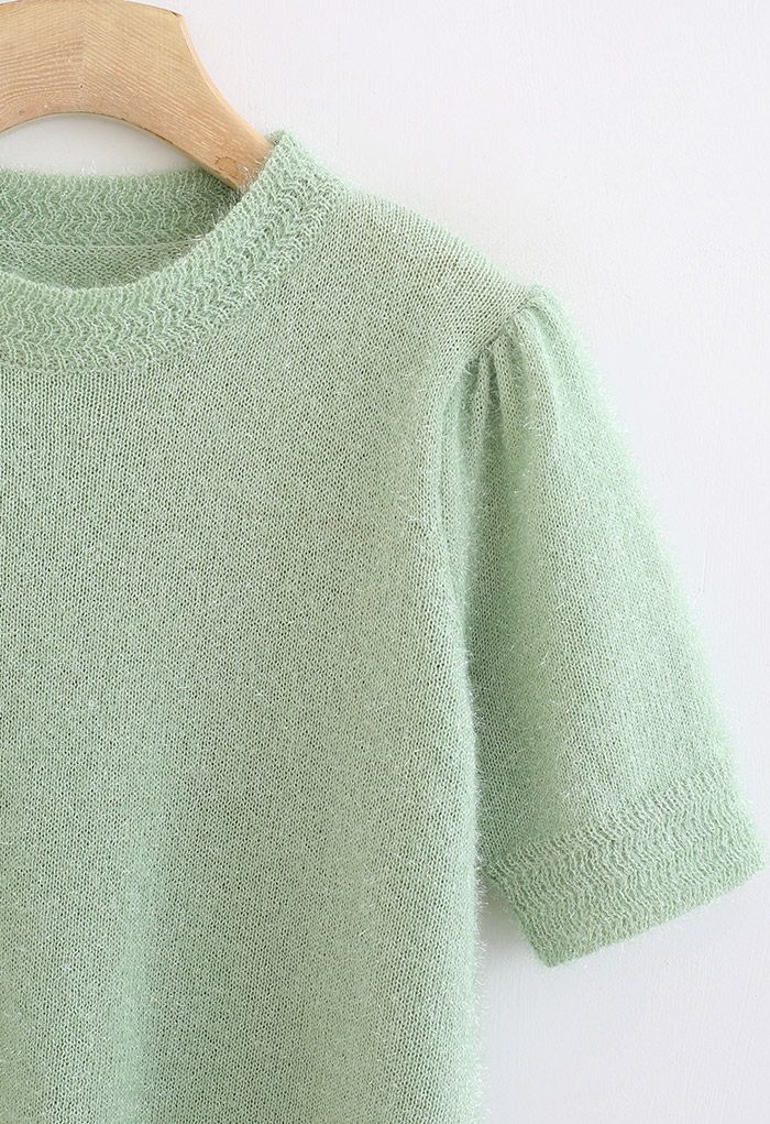 Round Neck Shimmer Fuzzy Knit Top in Mint