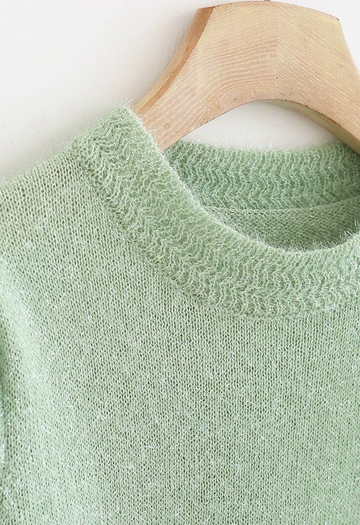 Round Neck Shimmer Fuzzy Knit Top in Mint