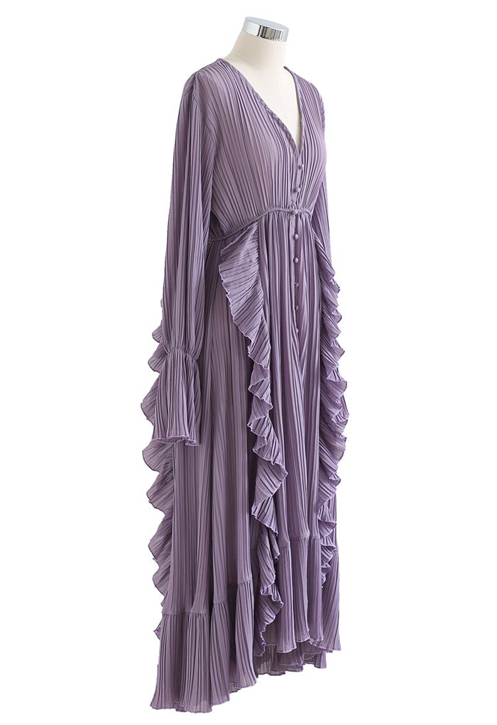 Breezy Ruffle Asymmetric Pleated Chiffon Maxi Dress in Lilac