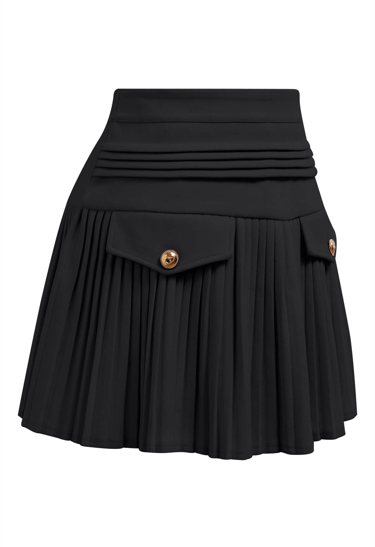 Golden Button Decorated Pleated Mini Skirt in Black