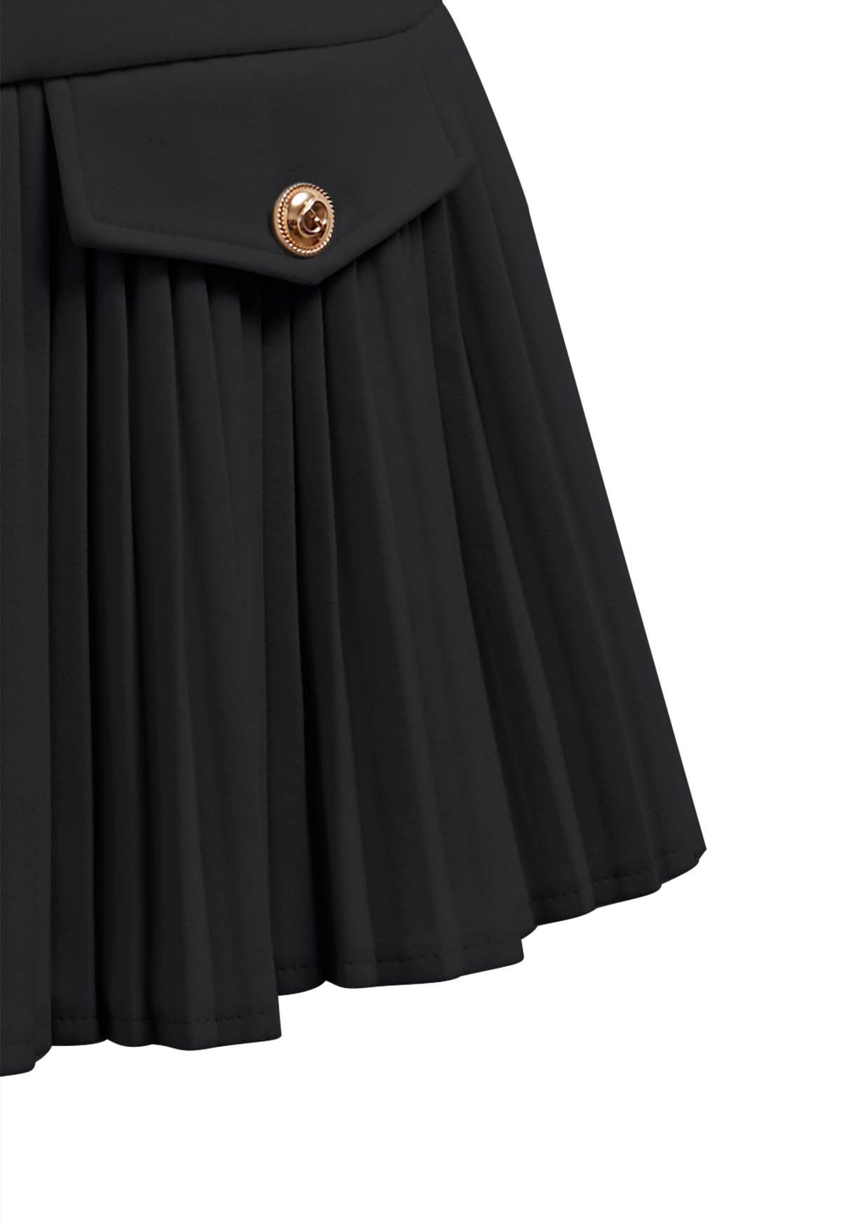 Golden Button Decorated Pleated Mini Skirt in Black