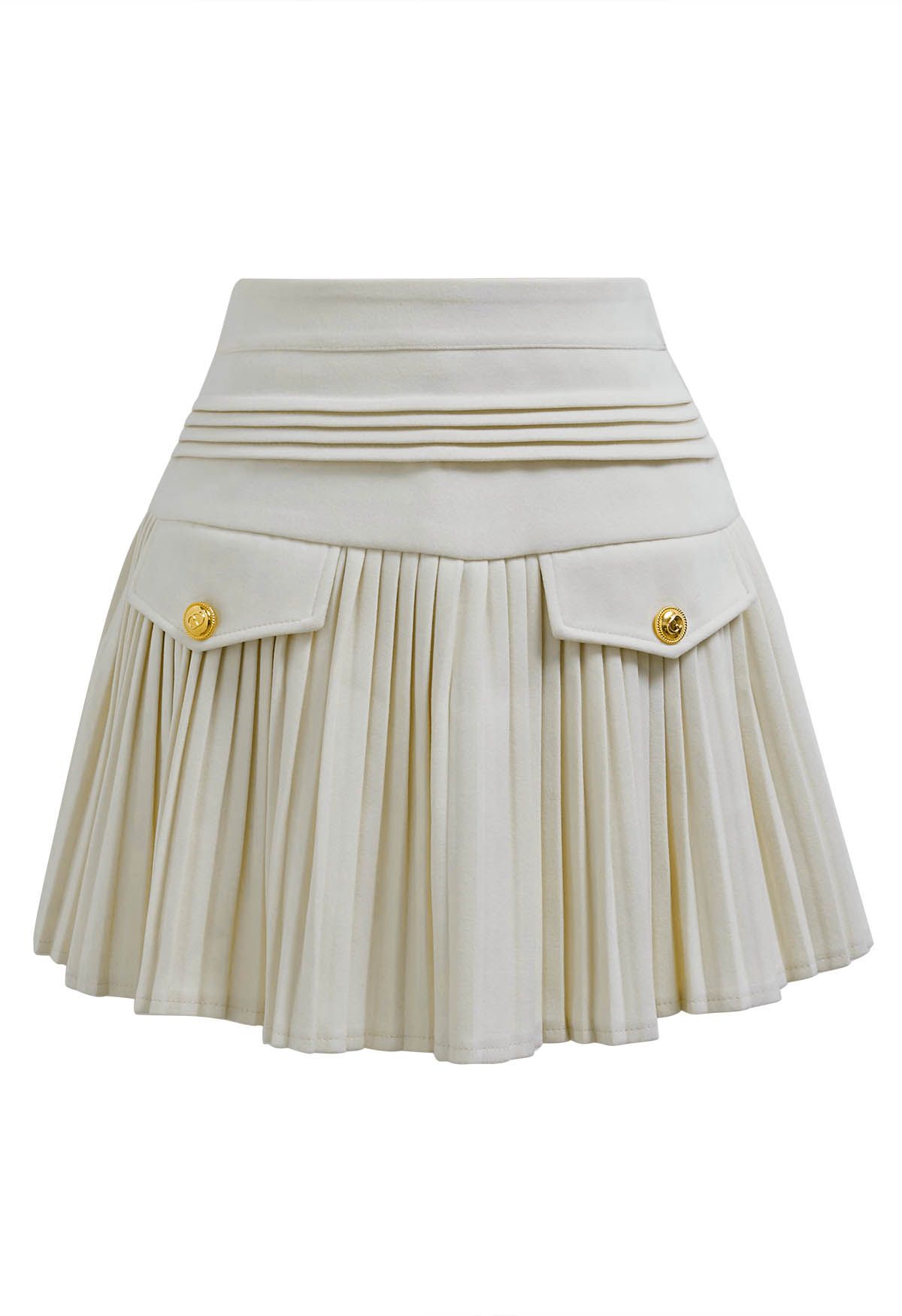 Golden Button Decorated Pleated Mini Skirt in Ivory