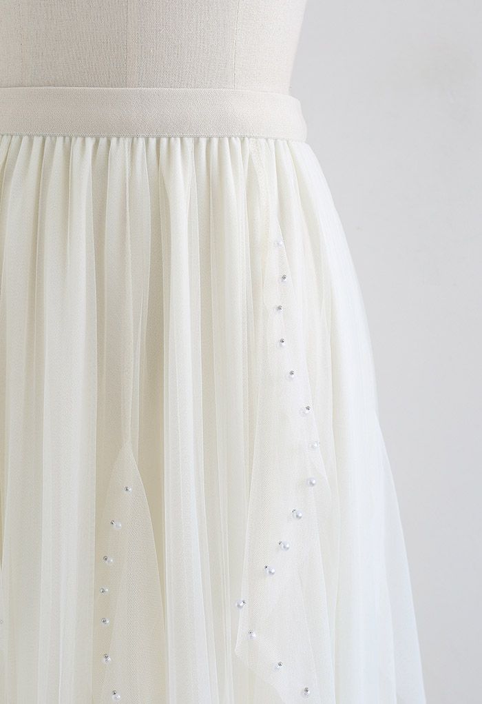 Scattered Bead Decor Pleated Tulle Skirt in Cream